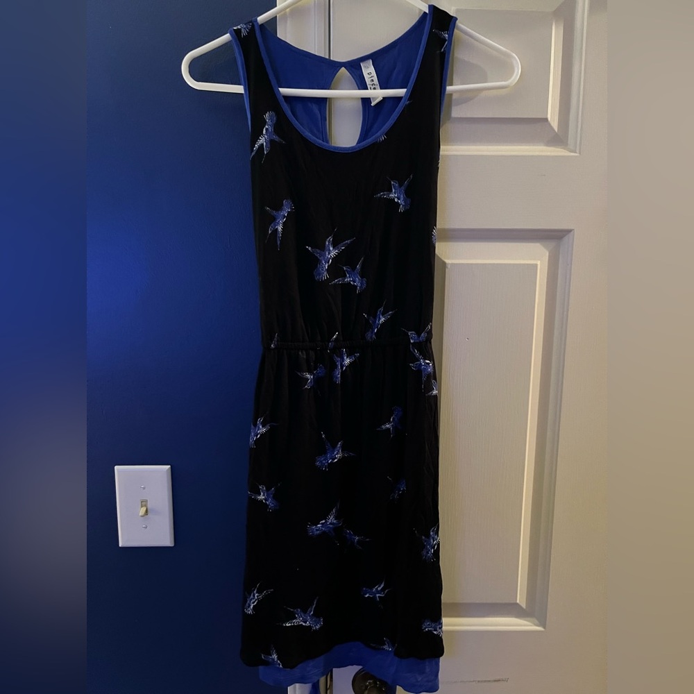 Kensie Black Dress with Blue Hummingbird Pattern